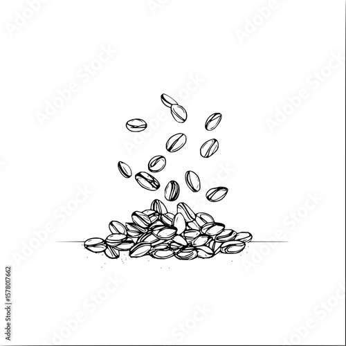 Illustration of coffee beans falling and piling up on a surface in a monochrome sketch style drawing