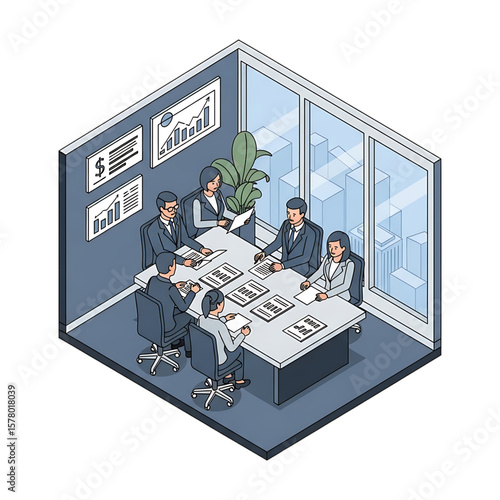 Team having a high-level corporate discussion in a meeting room.