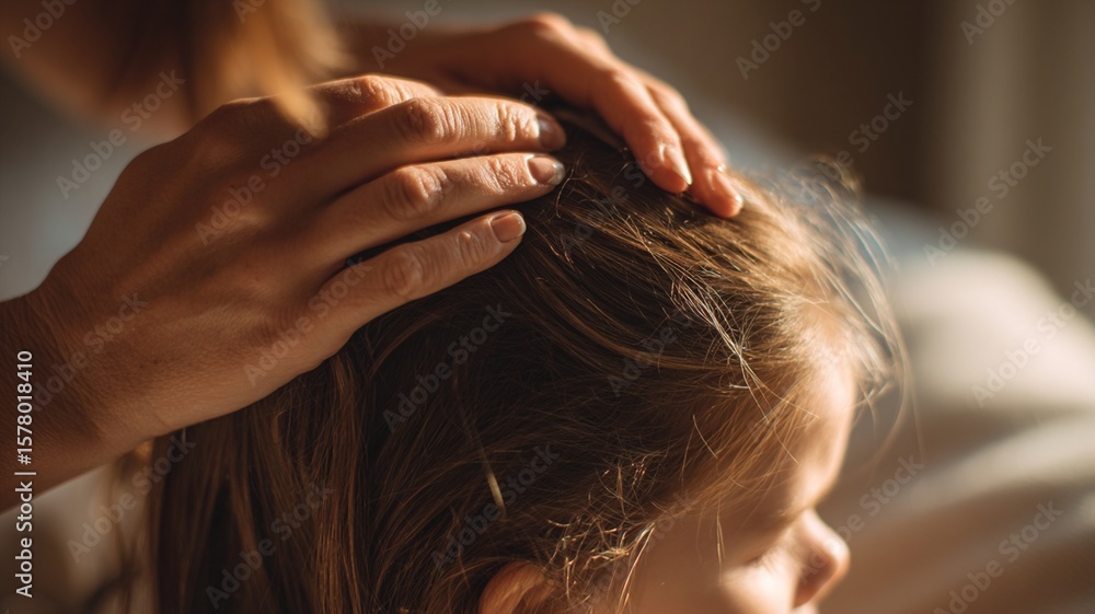 Naklejka premium Close-up of a nurturing hand gently massaging the scalp of a young girl, showcasing a moment of tenderness and connection in a warm, softly lit environment