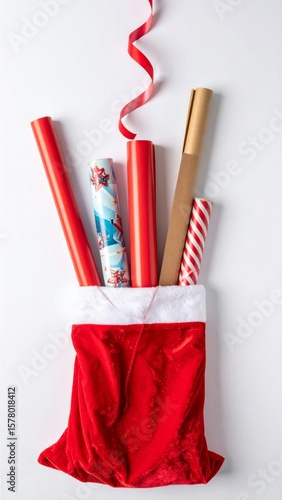 Stocking Filled With Wrapping Paper and Red Ribbon on White Background