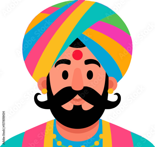 Depiction of a Sikh man wearing a vibrant turban symbolizing Indian culture and religious tradition with bold colors.