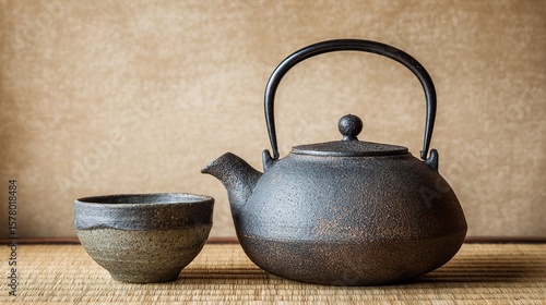 Elegant Minimalist Tea Set Placed on Traditional Tatami Mat, Clean and Soft Lighting Creating a Peaceful Japanese Tea Ceremony Ambiance