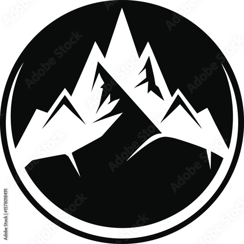Stark white mountain peaks against a black circular background summit snow