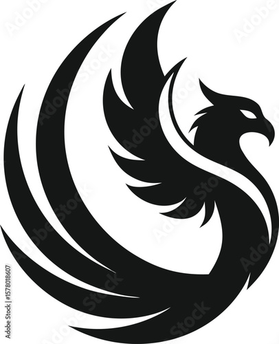 Stylized black phoenix bird with flowing wings mythical creature firebird