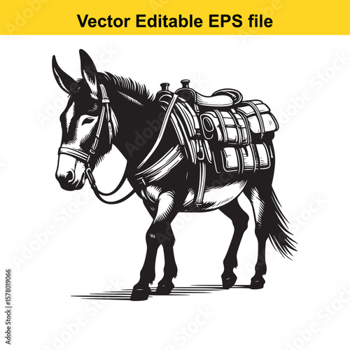 Angular Line Art of a Mule – Hybrid Vigor and Sturdy Stance with Packed Saddlebags Detail
