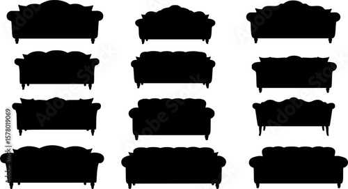 Sofa silhouettes set, couch pack of vector silhouette design, isolated background.