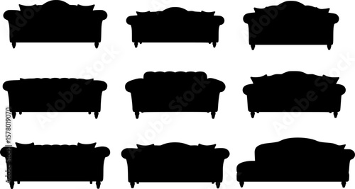 Sofa silhouettes set, couch pack of vector silhouette design, isolated background.