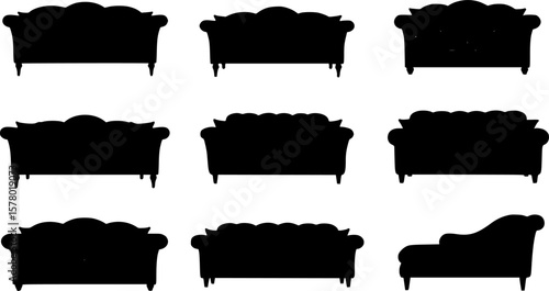 Sofa silhouettes set, couch pack of vector silhouette design, isolated background.