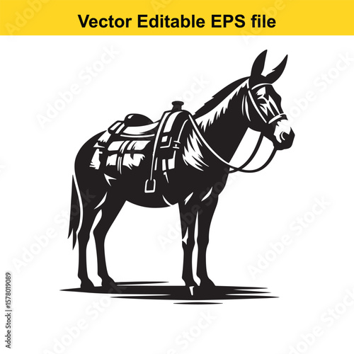 Angular Line Art of a Mule – Hybrid Vigor and Sturdy Stance with Packed Saddlebags Detail