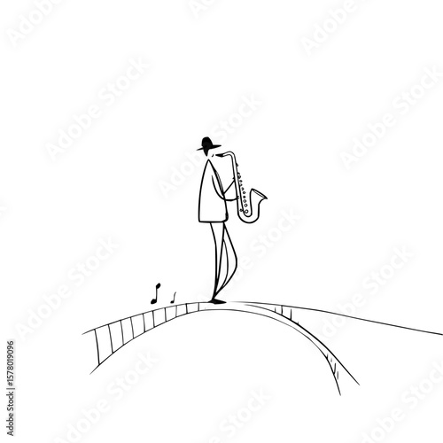 A minimalist drawing of a man playing a saxophone on a bridge with musical notes nearby in black and white