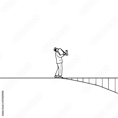 A man in a suit playing a saxophone on a bridge in a black and white drawing on a white background image