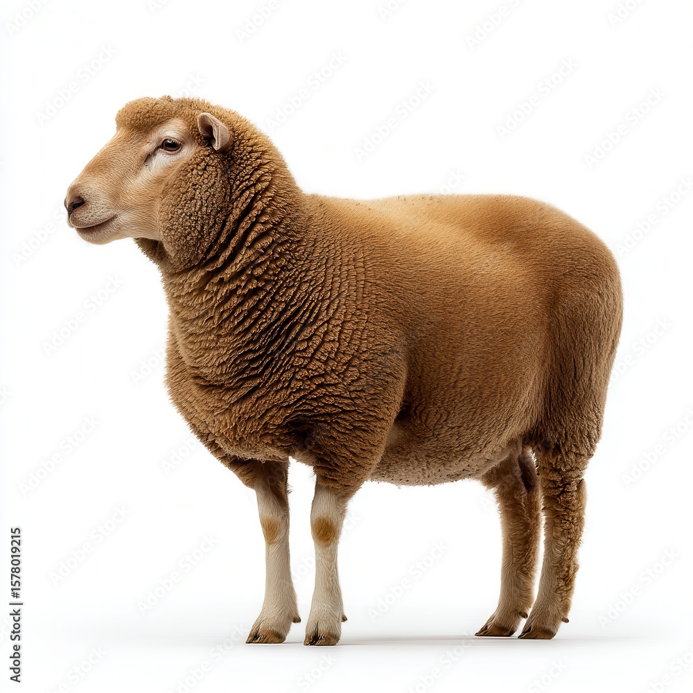 Fototapeta premium Calm brown sheep standing in profile against white background, showcasing thick wool coat and distinctive facial features in professional studio photography for livestock or agricultural advertising