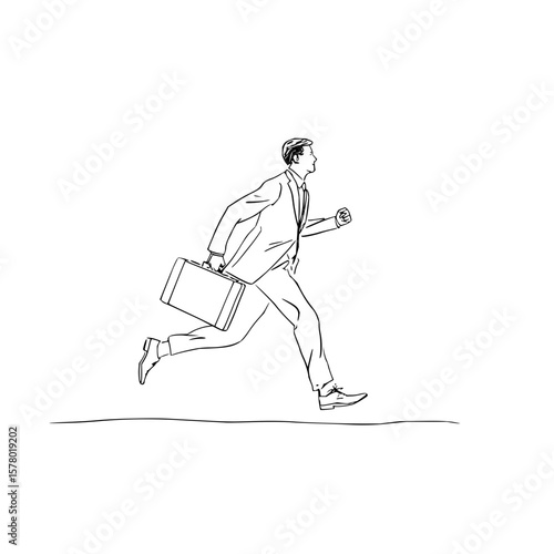 Illustration of a man in a suit running with a briefcase in black and white line art style design vector