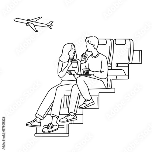 Couple enjoying drinks on an airplane with a plane flying in the sky in a line art illustration