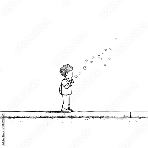 Illustration of a young boy blowing bubbles while standing on a curb in a simple black and white style