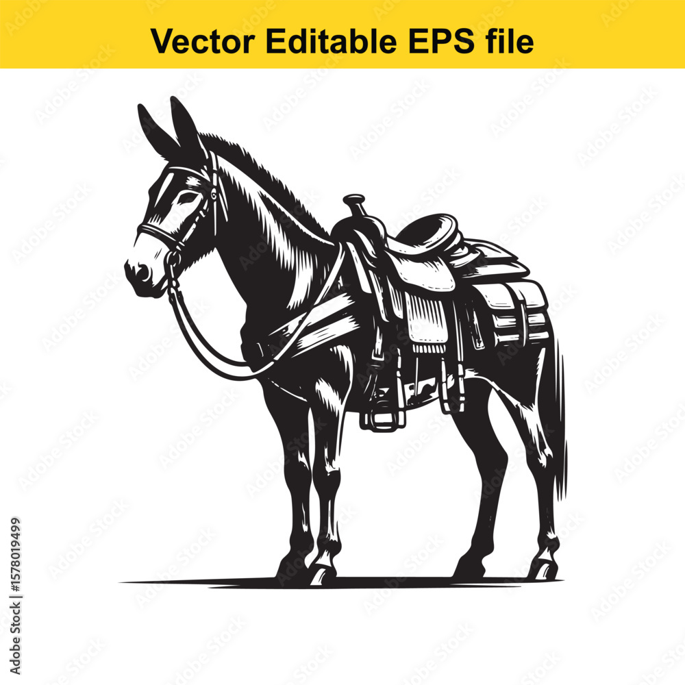 Fototapeta premium Angular Line Art of a Mule – Hybrid Vigor and Sturdy Stance with Packed Saddlebags Detail