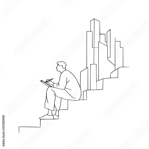 Man sitting on stairs drawing city skyline in notebook in a minimalist line art style illustration