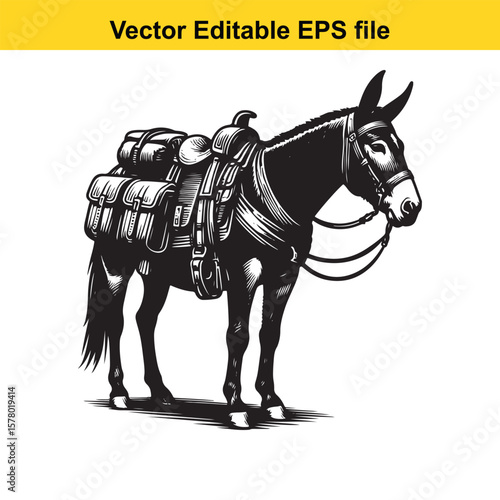 Angular Line Art of a Mule – Hybrid Vigor and Sturdy Stance with Packed Saddlebags Detail