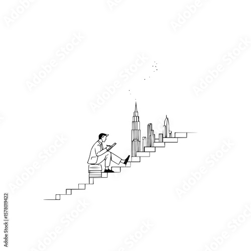 A man sketching a cityscape while sitting on a staircase made of books leading to skyscrapers line art