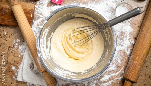 Dough Mixture in Silver Bowl with Whisk Wooden Rolling Pins and Flour Scattered