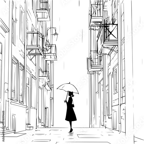 Silhouette of a woman with umbrella in a city street during rain with buildings and balconies around her