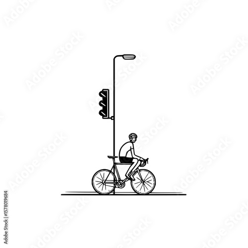 Illustration of a cyclist stopped at a traffic light with a street lamp on a white background scene