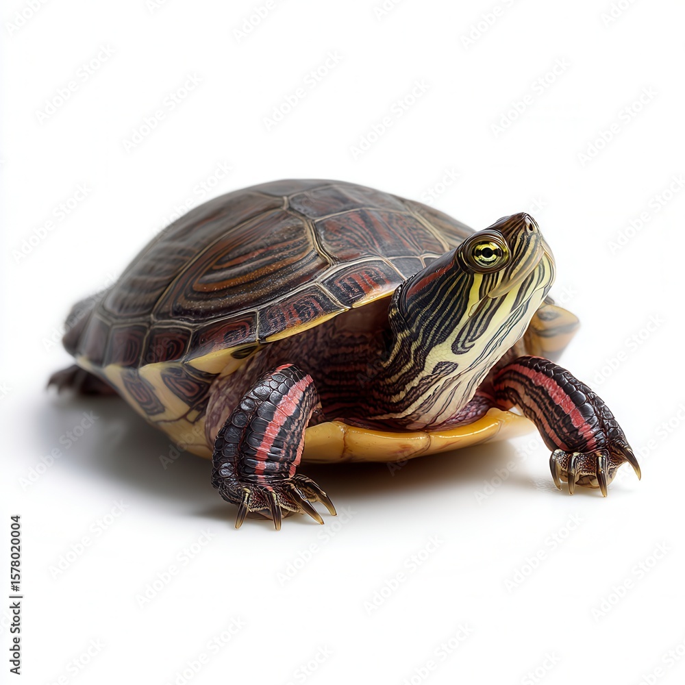 Naklejka premium Detailed Red-Eared Slider Turtle with Distinctive Shell Pattern and Yellow Eye Against White Background for Nature Photography or Pet Care Industry