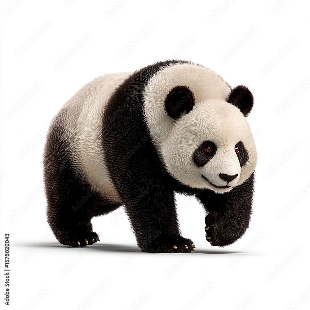 Fototapeta premium Gentle giant panda bear with distinctive black and white fur standing against clean white background, realistic 3D rendering for wildlife conservation awareness with free copy space