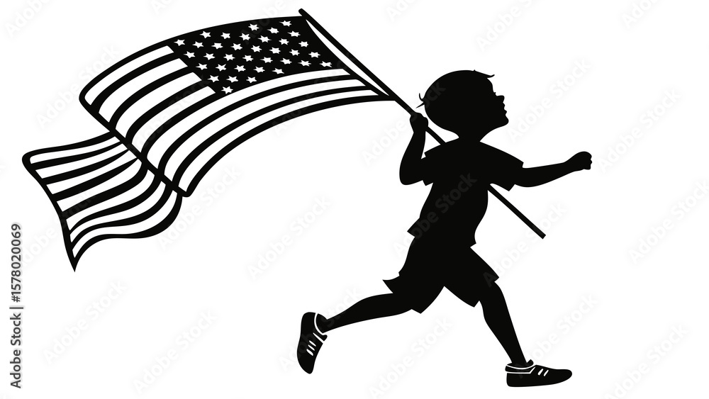 Fototapeta premium Running Boy with American Flag Silhouette –USA Patriotic Kid Clipart for Print, Shirt, and Parade Designs