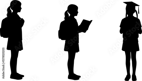 Isolated silhouette of a girl with school backpack going to school, Girl student silhouette isolated on white background, Kids graduate symbol, Education in back to school vector illustration