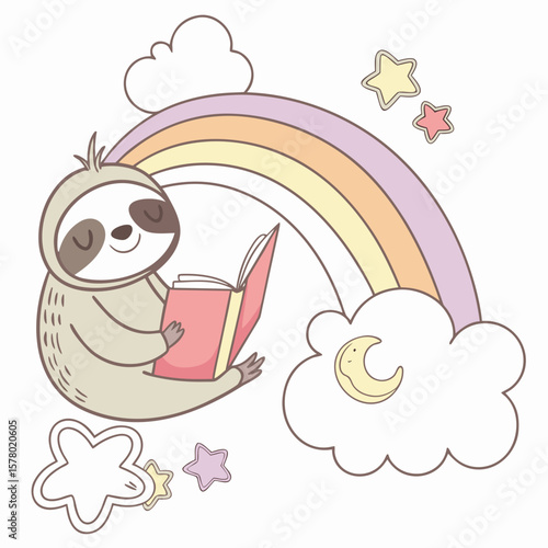 SVG art: A Bashful Lazy sloth in a Rainbow vibe with reading a book, tinted with Pastel Rainbow tones