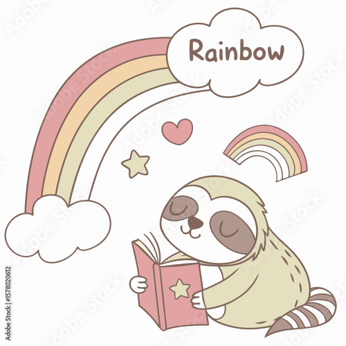SVG art: A Bashful Lazy sloth in a Rainbow vibe with reading a book, tinted with Pastel Rainbow tones