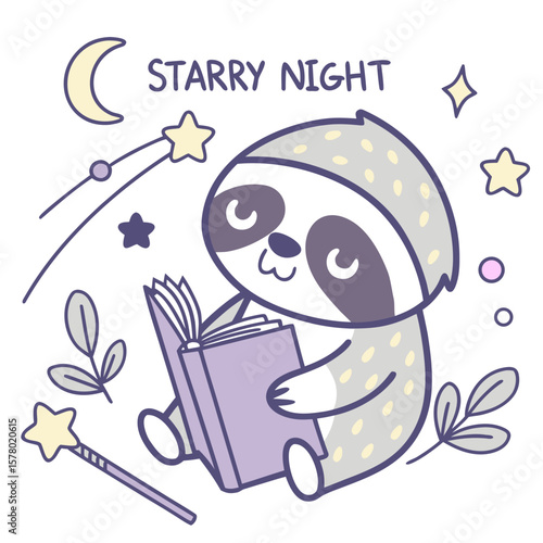 Cute Content Lazy sloth, accessorized with reading a book, in a Starry night world – Magical Night palette vector