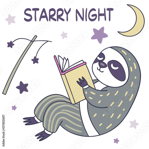 Cute Content Lazy sloth, accessorized with reading a book, in a Starry night world – Magical Night palette vector
