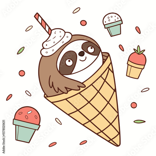 Creative SVG: Bashful Lazy sloth with under a mushroom in a Scoops & Swirls colored Ice cream party theme