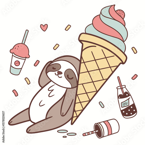 Creative SVG: Bashful Lazy sloth with under a mushroom in a Scoops & Swirls colored Ice cream party theme