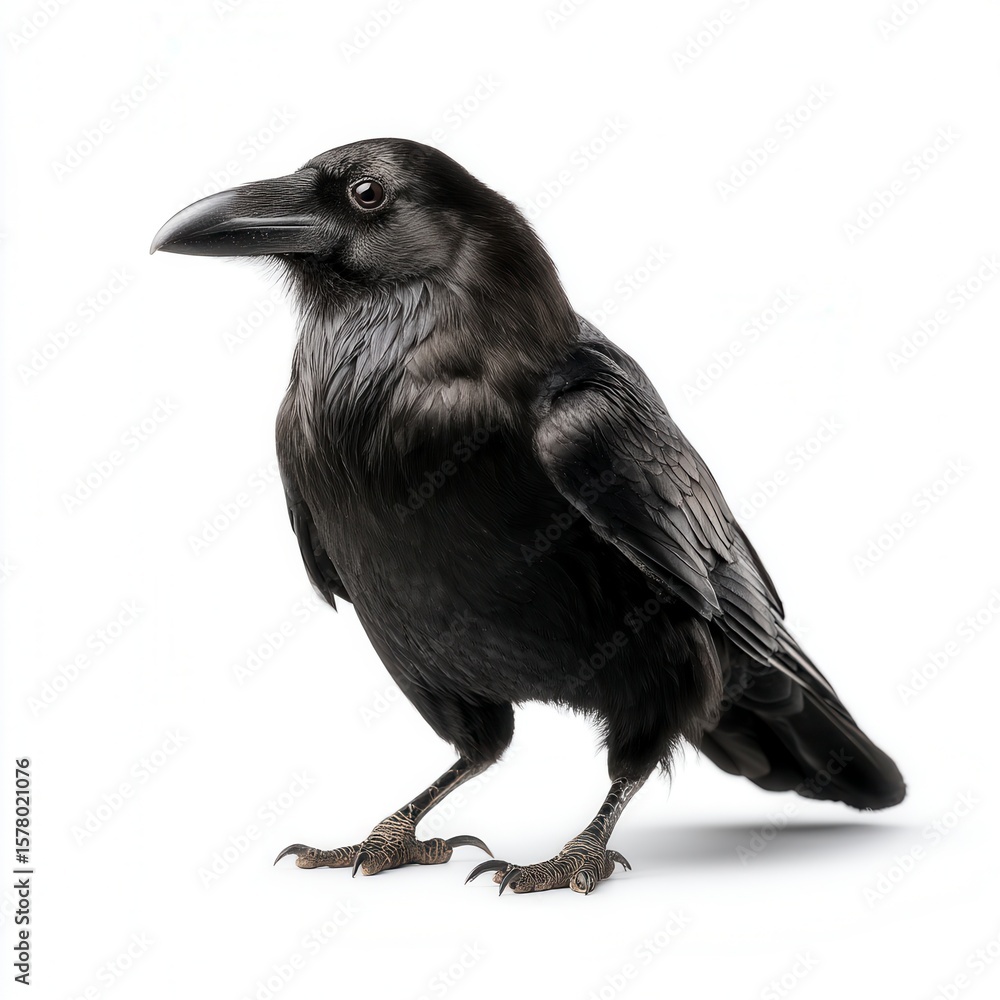 Fototapeta premium Majestic black raven standing against white background, detailed portrait showing glossy feathers and sharp beak in wildlife photography with clean isolated setting, free copy space for text