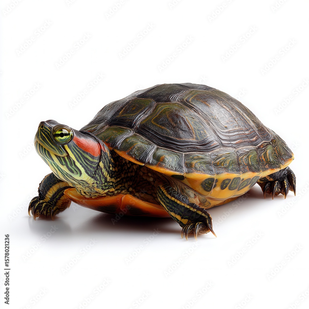 Obraz premium Vibrant red-eared slider turtle with distinctive patterned shell and bright green eye against clean white background, perfect for pet care or wildlife conservation