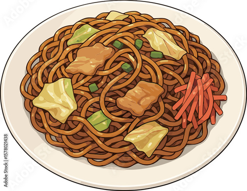 皿に盛りつけられた焼きそばのイラスト
