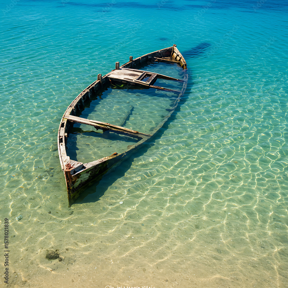 Obraz premium An old wooden boat partially sunken in crystal-clear turquoise waters near a sandy beach, creating a serene and picturesque tropical scene. 
