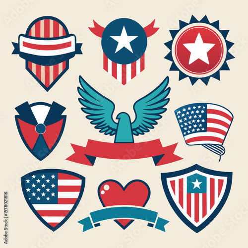 Patriotic American Eagle Shields Hearts Set