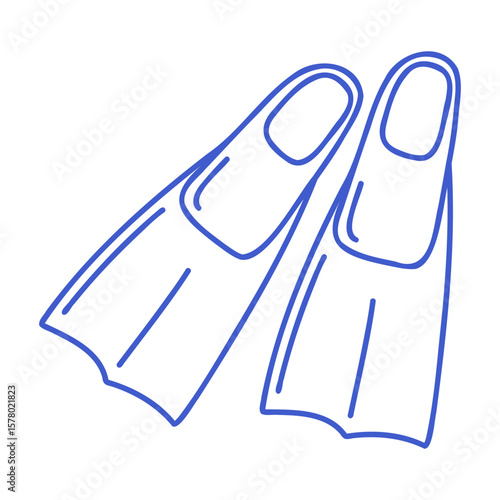 Swimming flippers in marine blue line art style. Hand drawn marine icon. Outline vector isolated illustration.