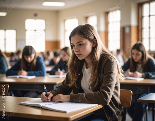school students, writing and desk in classroom with books for english literature or language for exam. People, university and scholarship for learning or education, knowledge and academic work