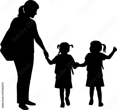 A mom Going to school with Her Child vector silhouette
