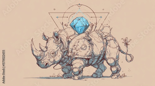 Rhinoceros carrying a gem, stylized illustration