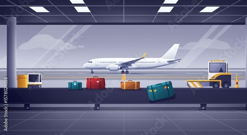 Modern Airport Terminal with Airplane and Luggage in Spacious Waiting Area