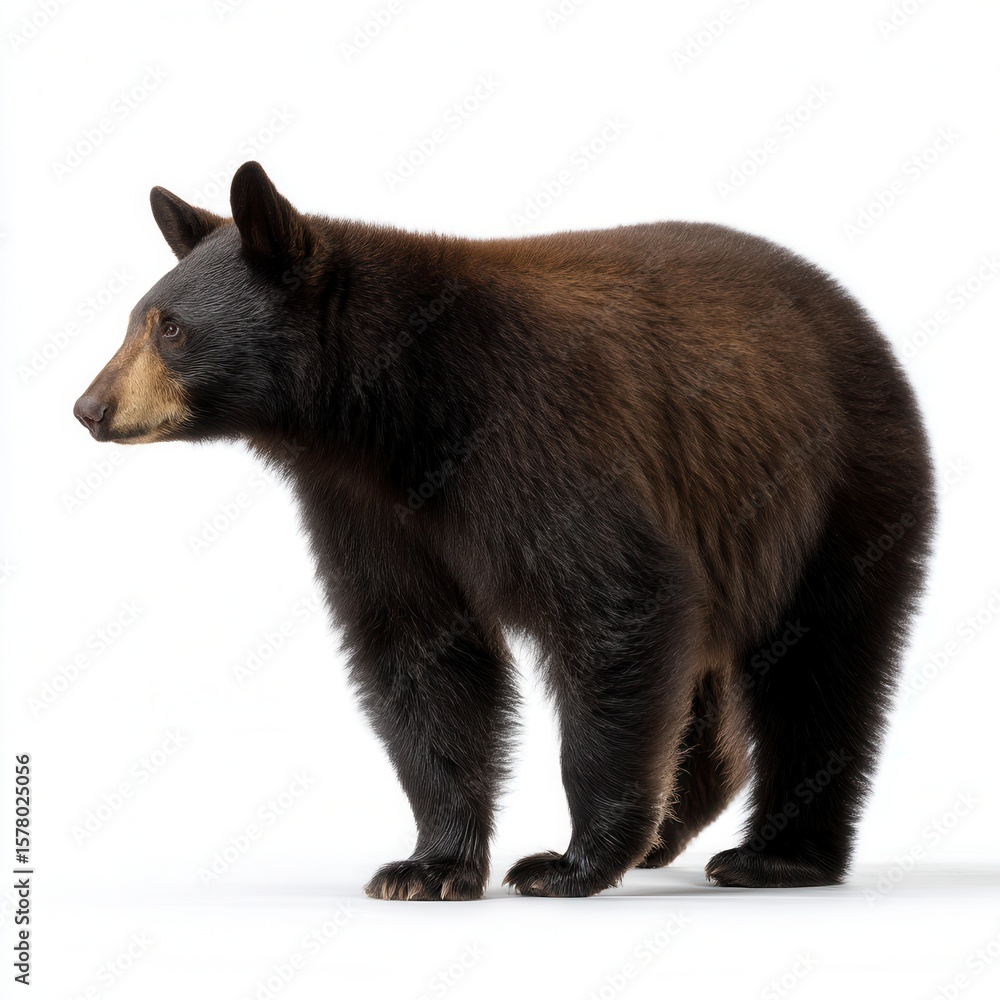 Fototapeta premium Majestic black bear standing in profile against white background, showcasing glossy dark fur and distinctive profile with alert ears and tan muzzle, wildlife photography with free copy space