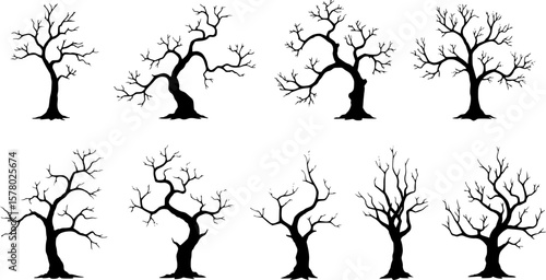 scary vector dead trees isolated on white. detailed crooked spooky leafless trees set.