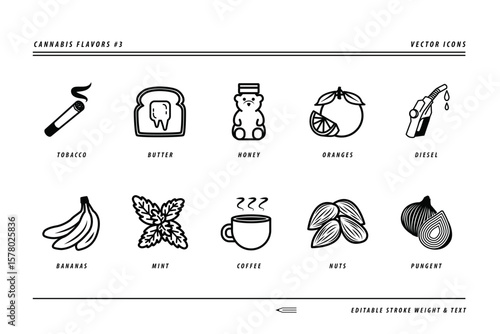 Set of 10 Cannabis Flavor Vector Icons: Tobacco, Butter, Honey, Oranges, Diesel, Bananas, Mint, Coffee, Nuts, Pungent