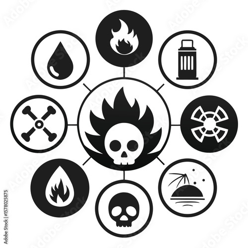 Hazardous Symbols Black White Icons Set